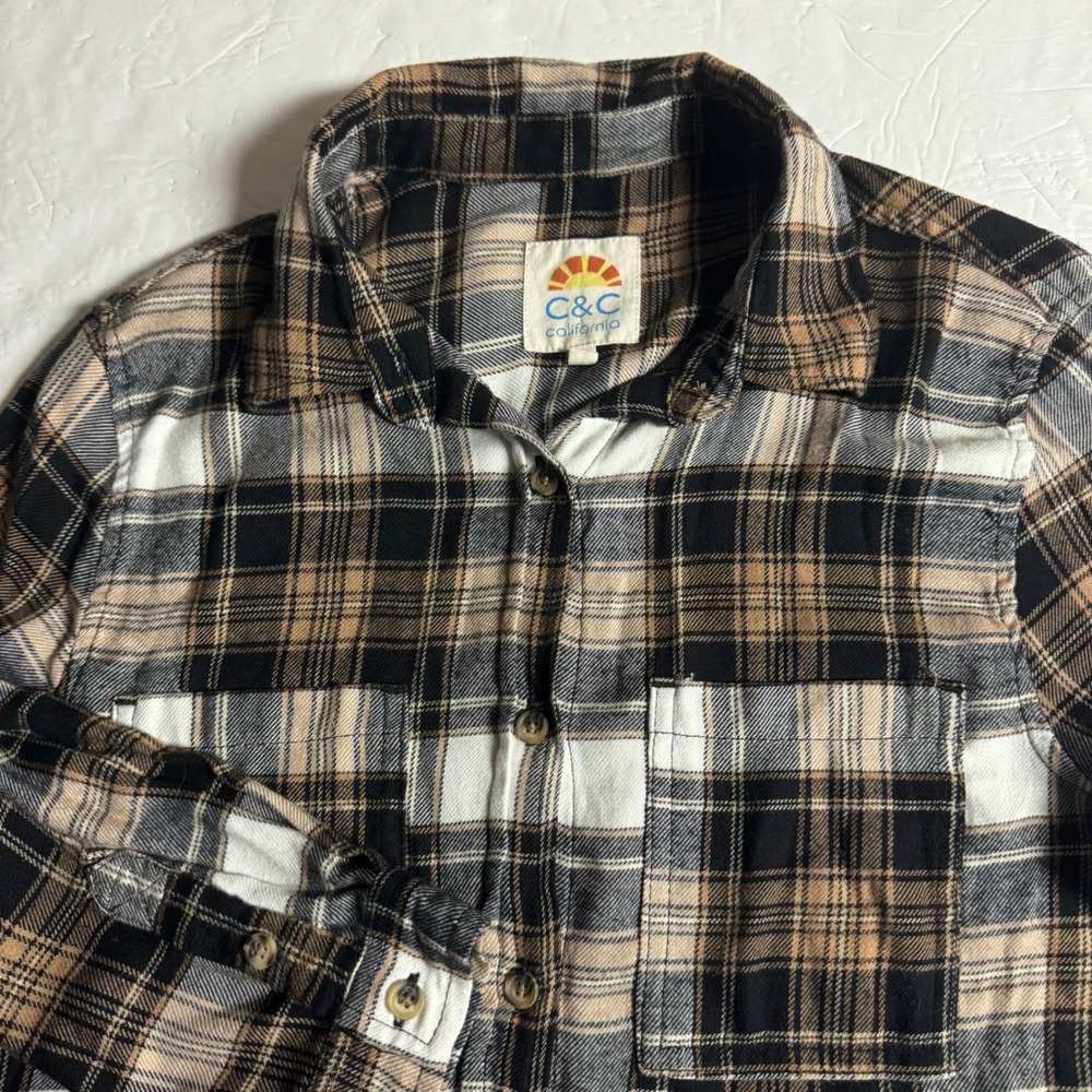 C&C California Womens Plaid Button Down Shirt Brown Black White Small